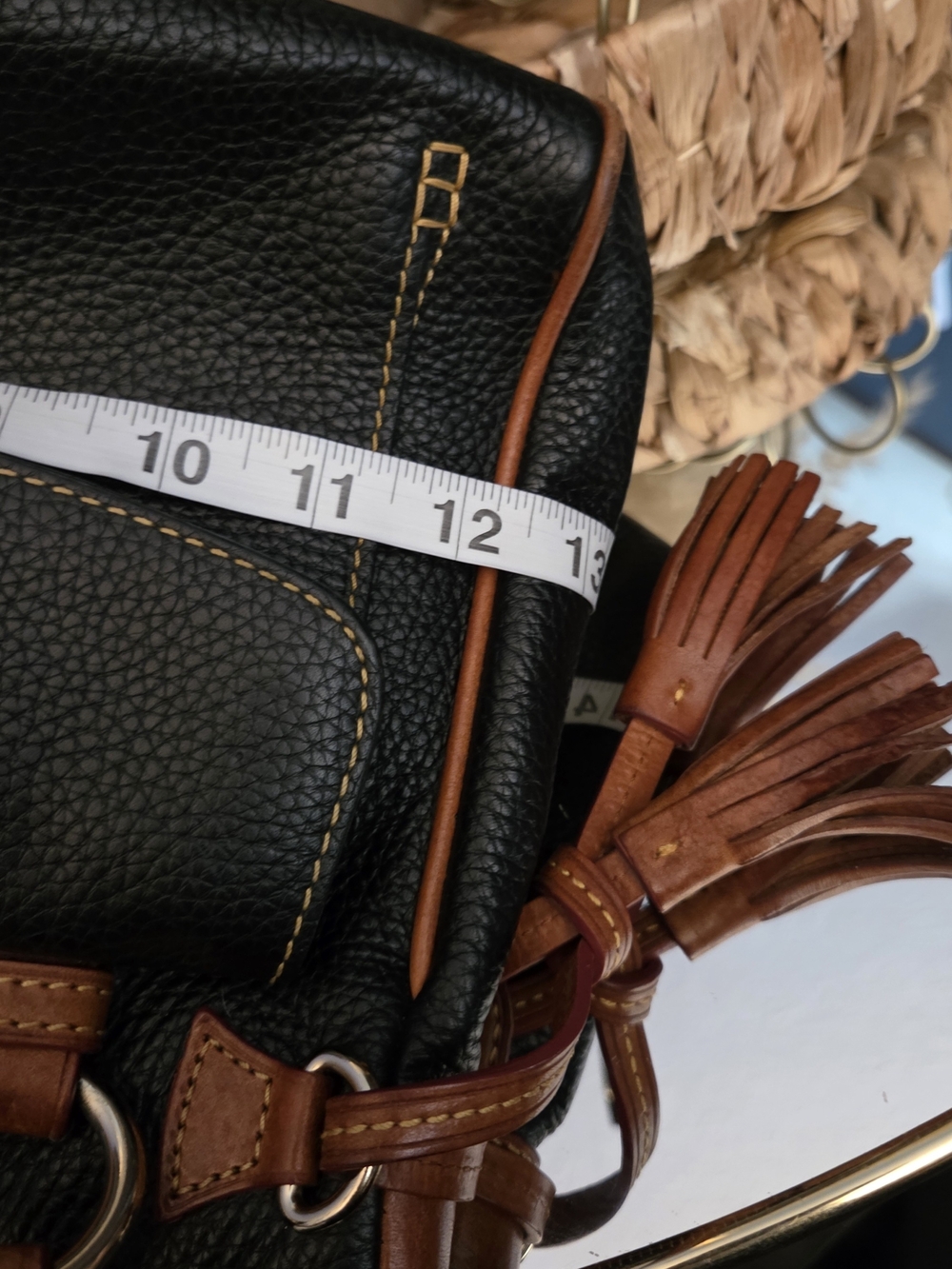 Dooney & Bourke Black Pebble Leather Satchel Crossbody British Tan Trim Tassels - Picture 17 of 17